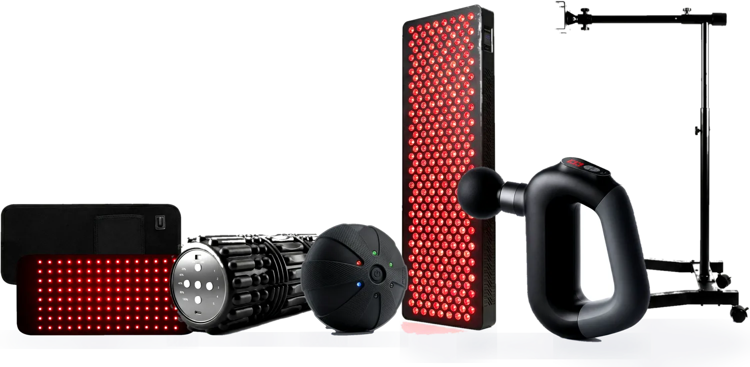 The complete WeRecover collection: WeRoll roller, WeRelease ball, WeRevive massage device, WeRelieve red light belt, WeRestore red light panel and stand