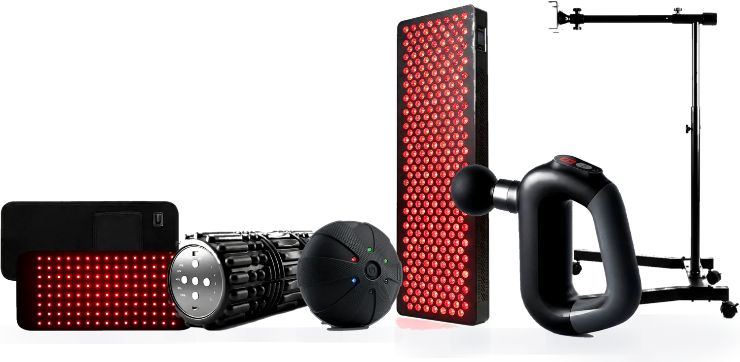 The complete WeRecover collection: WeRoll roller, WeRelease ball, WeRevive massage device, WeRelieve red light belt, WeRestore red light panel and stand