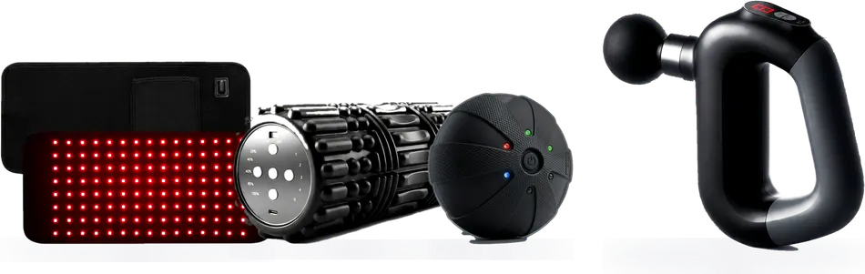 WeRecover Complete kit: red light belt, roller, ball, and massage device