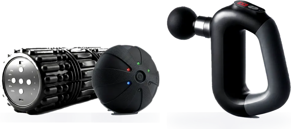 WeRecover Essentials kit: vibrating roller, massage ball, and massage device