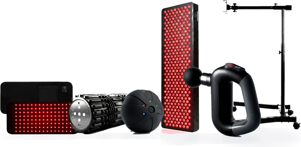 WeRecover Ultimate kit: red light panel with stand, belt, roller, ball, and massage device